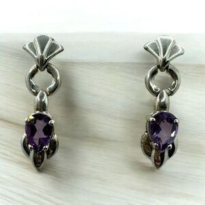 Sterling Silver‎ Amethyst Earrings Drop Dangle Pear Shape .925 Vintage Purple